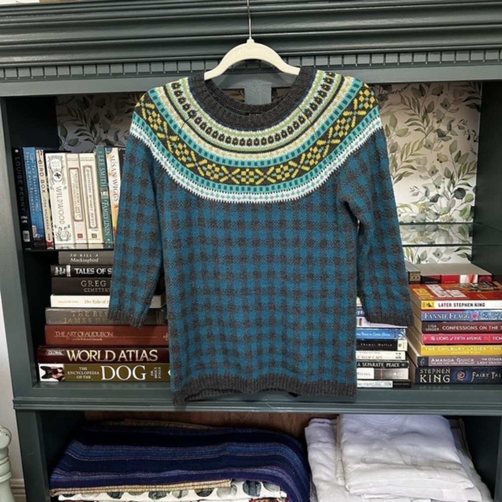 Talbots Sweater‎ Lambswool Blend Women's Small Check Fair Isle Teal Gray Yellow